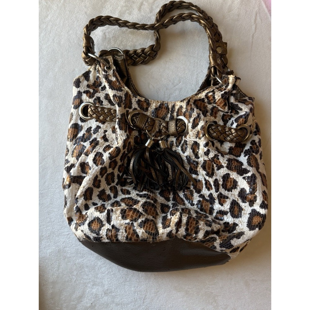 Bueno Leopard Print Metallic Shoulder Bag Braided Handle Tassel Silver Hardware